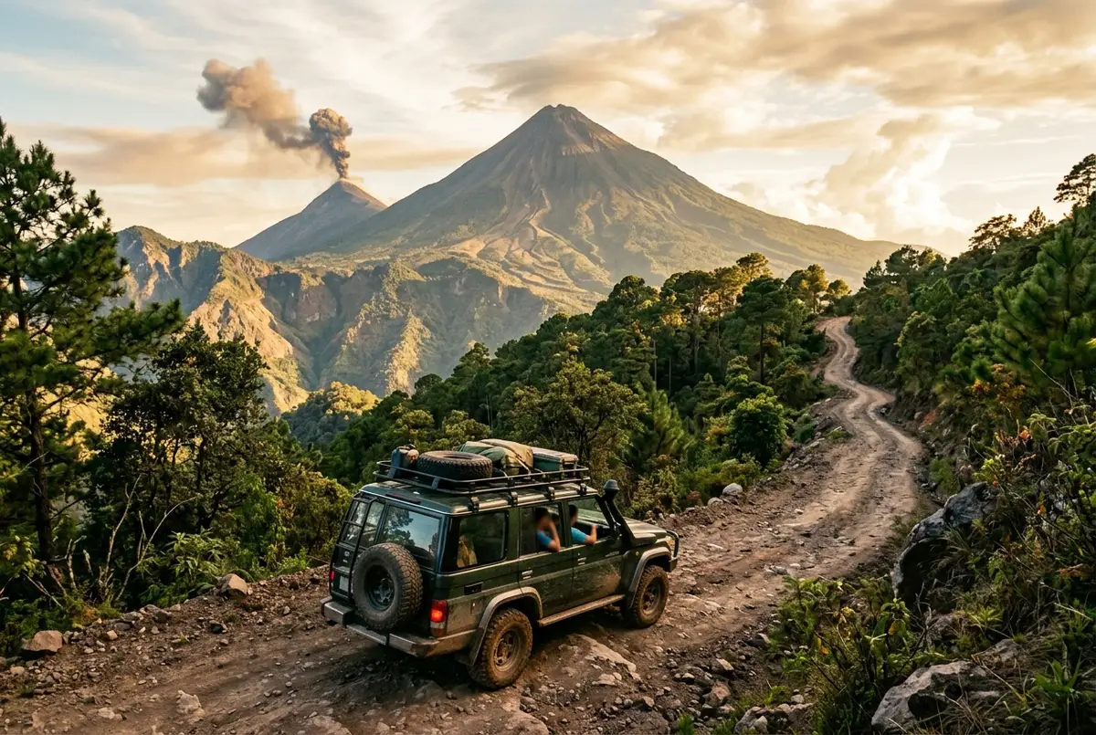 Off-road 4x4 vehicle climbing a steep dirt mountain road toward Acatenango volcano with Fuego volcano visible ahead under a golden afternoon sky
