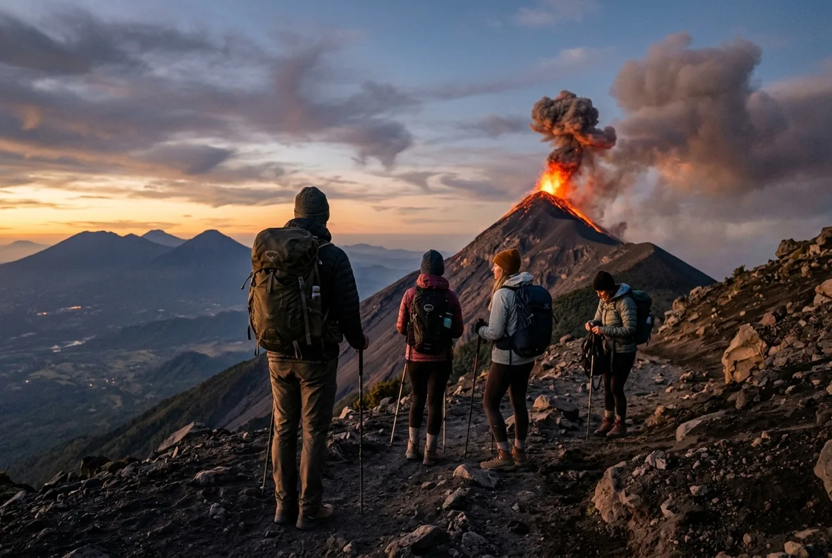 Small group of hikers reaching the ridge of Acatenango volcano at dusk with Fuego volcano erupting in the distance, golden hour light, Guatemala highlands