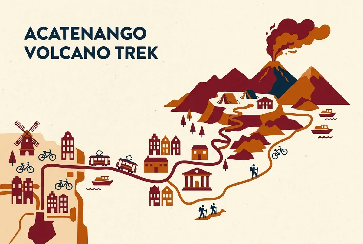 Map showing the acatenango volcano tour route from Antigua Guatemala through La Soledad village to an Acatenango base camp facing Fuego volcano