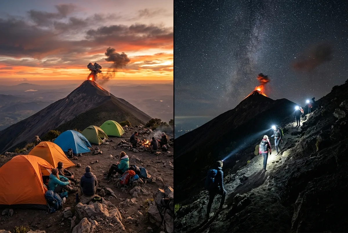Split scene of hikers relaxing at an Acatenango camp with tents facing Fuego at sunset next to hikers climbing a dark trail with headlamps at night, comparing overnight and single-night tour formats