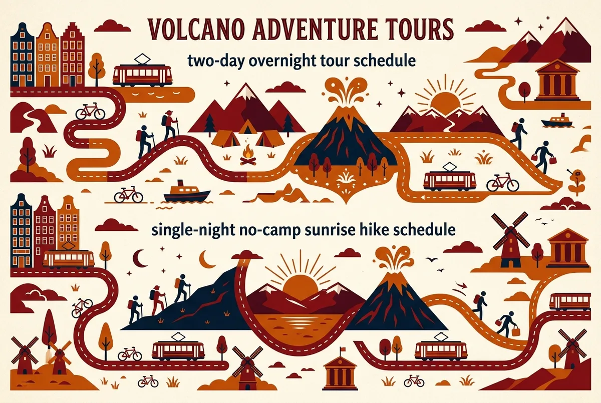 Timeline infographic comparing a two-day acatenango overnight tour schedule against a single-night no-camp sunrise hike schedule