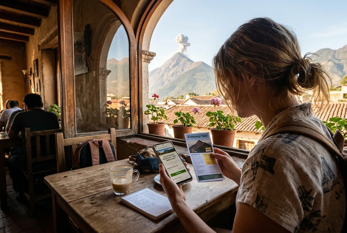 Traveler comparing price tags on a phone screen with an Acatenango volcano tour booking page open, Fuego volcano visible through a cafe window in Antigua Guatemala