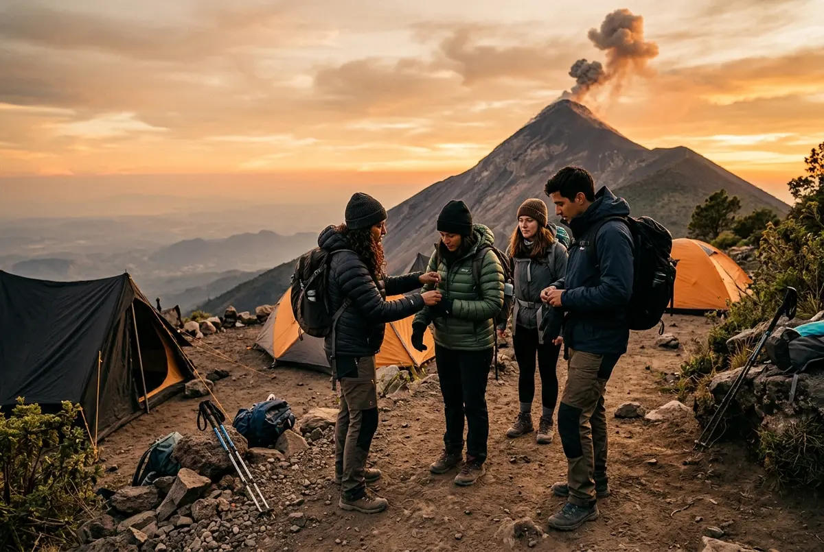 Guide checking cold-weather gear with a small group of hikers at an Acatenango base camp before sunset, Fuego volcano visible in the background