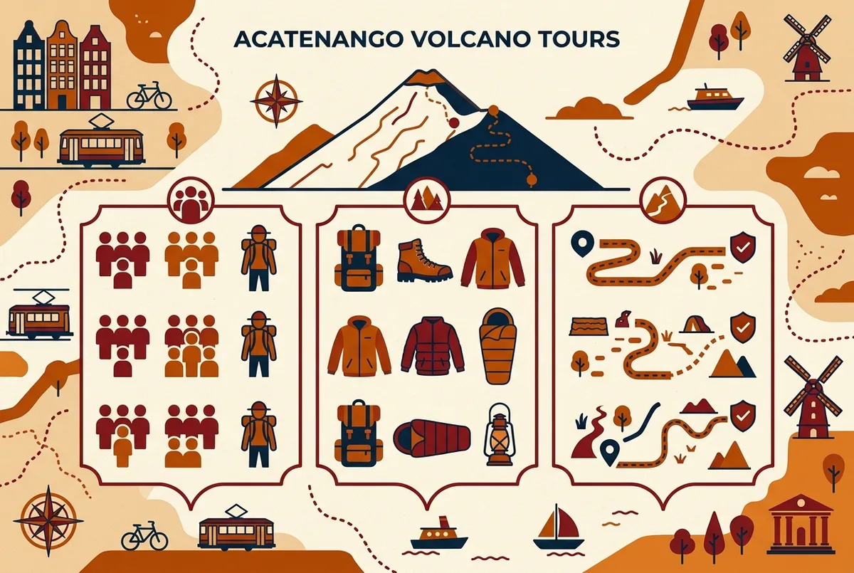 Infographic comparing guide ratio, included gear, and route safety across Acatenango volcano tour companies