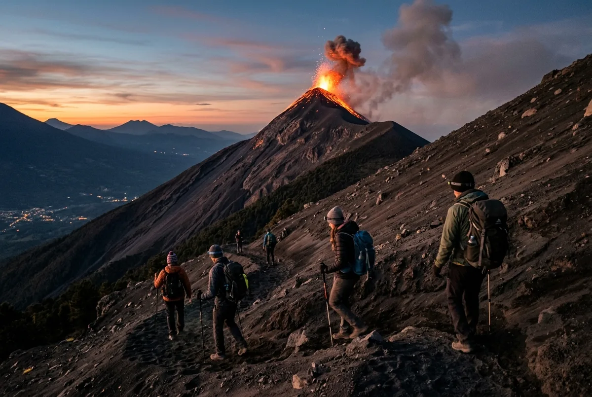 Hikers climbing a steep volcanic ash switchback trail on Acatenango volcano at dusk with Fuego volcano erupting in the background, volcan de fuego hike scene, Guatemala highlands