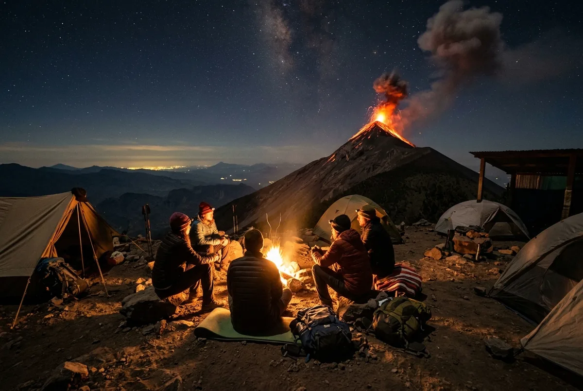 Excursionistas junto a una fogata en el campamento base del Acatenango viendo erupciones del Fuego durante un tour al volcán de fuego