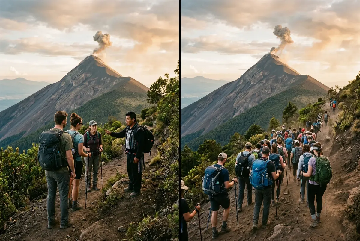 Split scene of a small private hiking group with a dedicated guide on one side and a larger shared group climbing together on the other, Acatenango trail with Fuego volcano smoking behind them, acatenango volcano private tour comparison