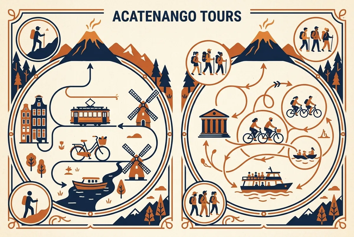 Infographic comparing private and group Acatenango volcano tour options by group size and pace, using simple generic icons for Private and Group, no prices shown