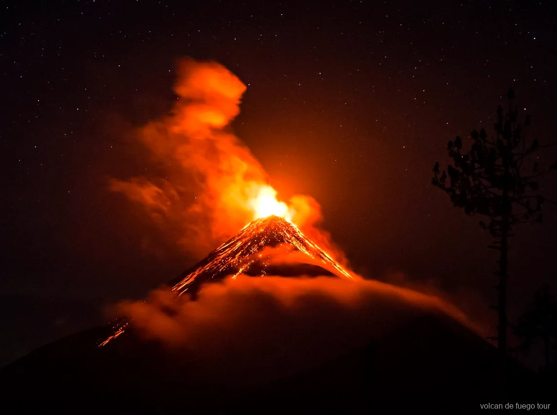 Base camp cabins on the Acatenango Fuego hike tour with Fuego volcano in view